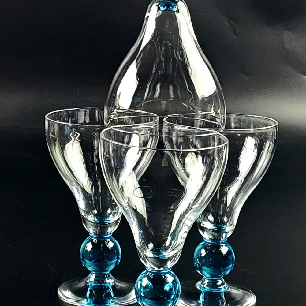 Vintage - Wine Glass - Clear Bowl & Base - Aqua Blue Round Stem - Set of 4